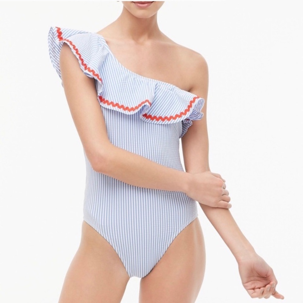 J. Crew One Shoulder Seersucker One Piece Medium